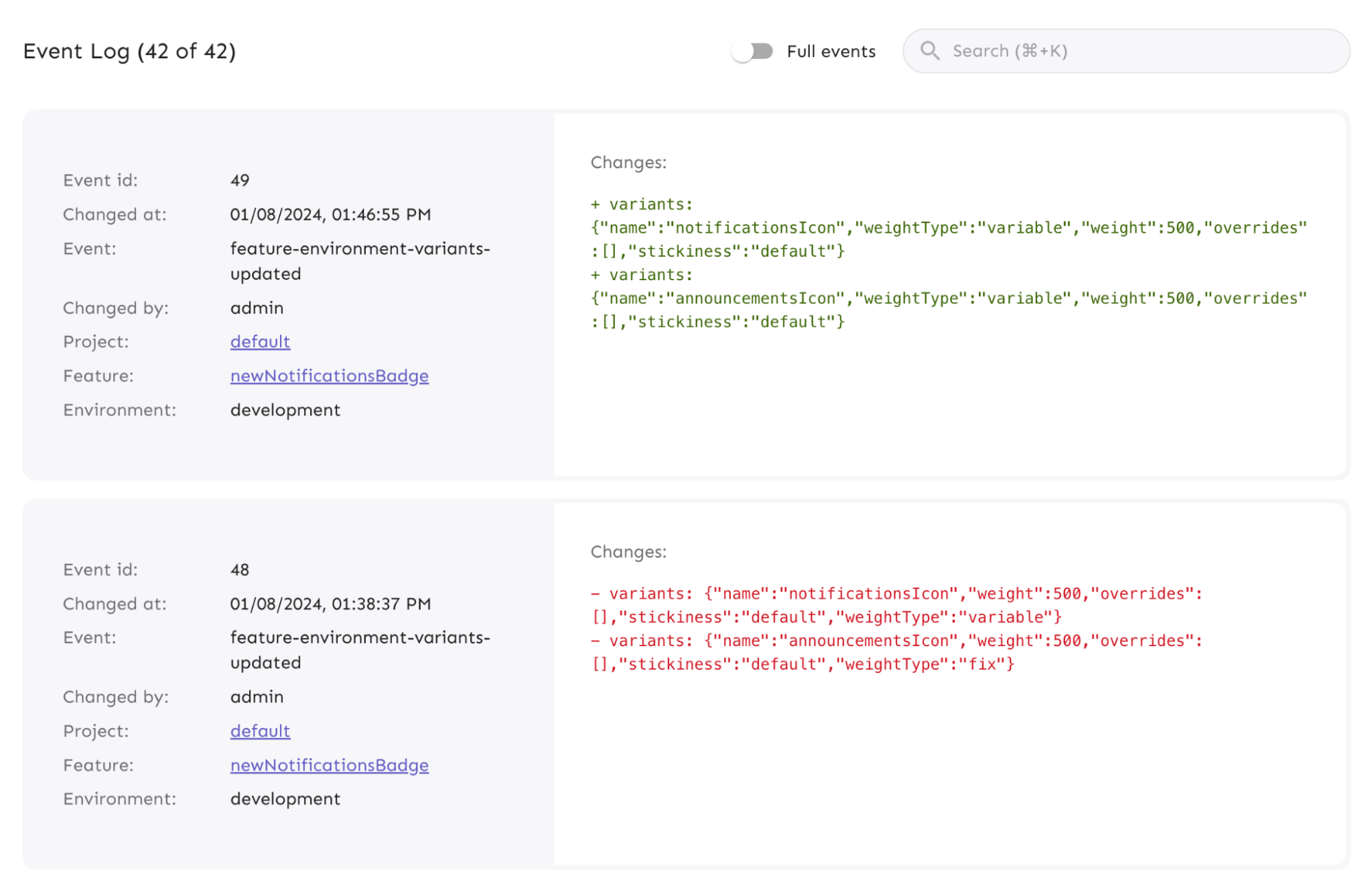 Feature flag events showing that the flag's variants have been updated.